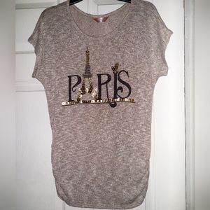 SJS Tan sweater with Paris logo short sleeve scrunch sides size large